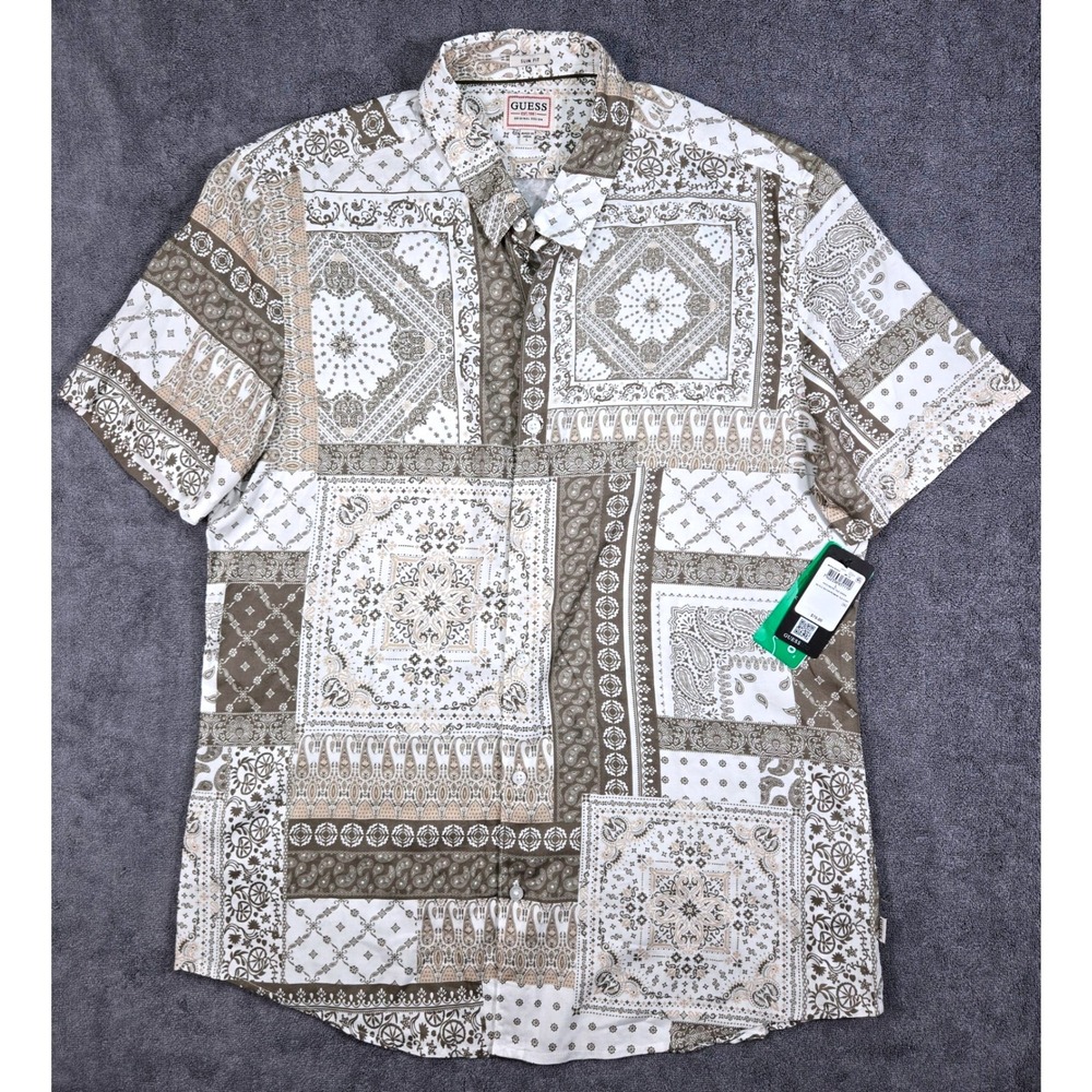 Guess Button Down Shirt Mens Large Green NEW Patchwork Tile Slim Fit M3YH47WD4Z2